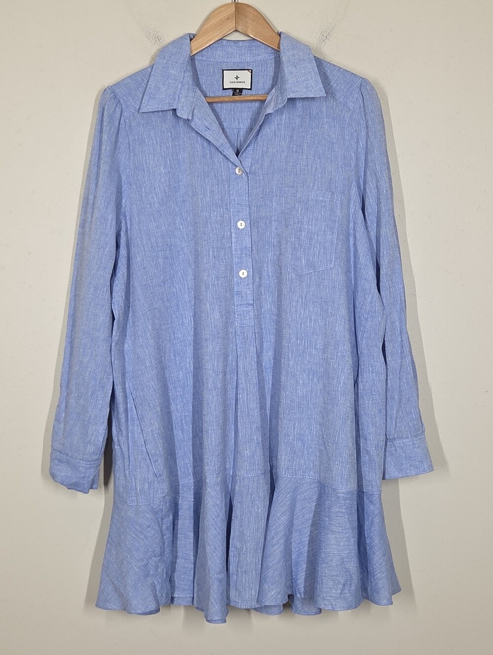 Tuckernuck Callahan Shirt Dress Blue Chambray Ruffle Hem 100% Cotton Mini XL